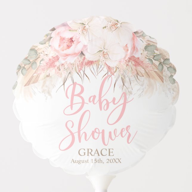 Boho Pampas Orchids Peonies Neutral Baby Shower Balloon (Front)