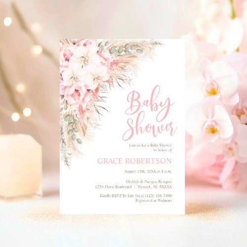 Boho Pampas Orchids Peonies Neutral Baby Shower Invitation