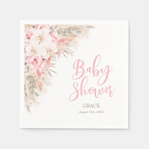 Boho Pampas Orchids Peonies Neutral Baby Shower Napkins