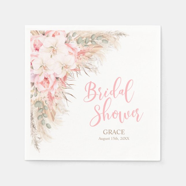 Boho Pampas Orchids Peonies Neutral BRIDAL Shower Napkins (Front)