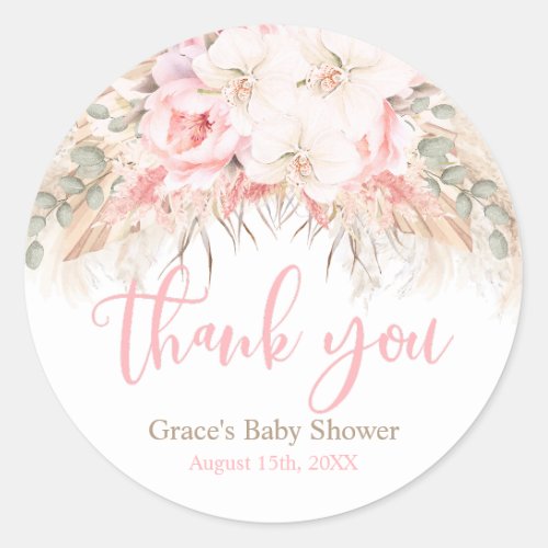 Boho Pampas Orchids Peonies Thank You Baby Shower Classic Round Sticker