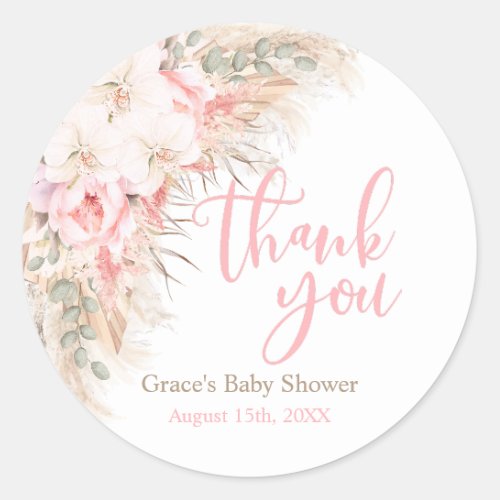 Boho Pampas Orchids Peonies Thank You Baby Shower Classic Round Sticker