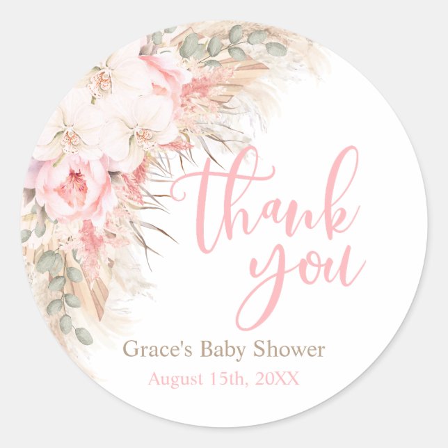 Boho Pampas Orchids Peonies Thank You Baby Shower Classic Round Sticker (Front)