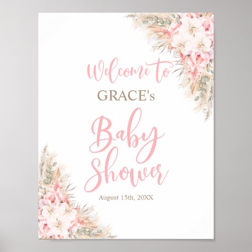 Boho Pampas Orchids Peonies Welcome Baby Shower Poster