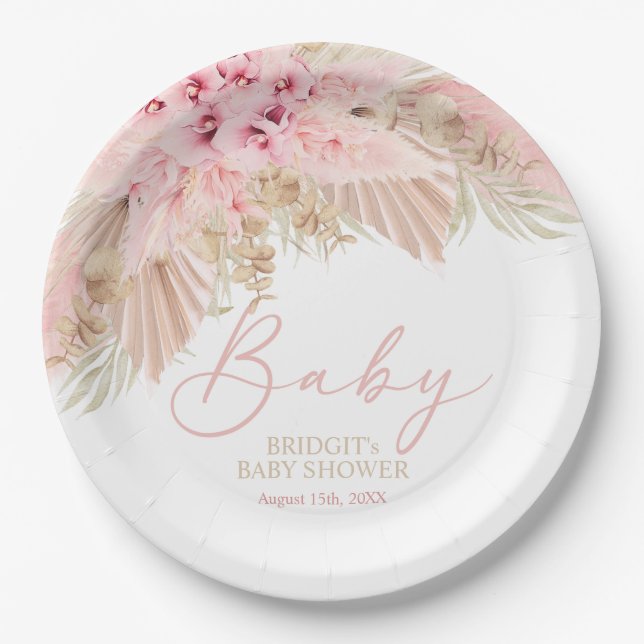 Boho Pampas Orchids Pink Neutral Baby Shower Paper Plates (Front)
