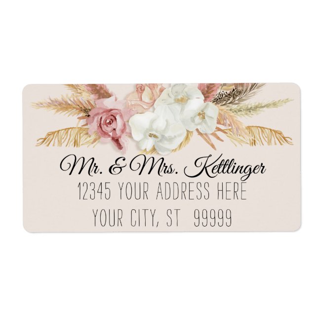 Boho Pampas Palm Neutral Blush Floral Greenery Label (Front)