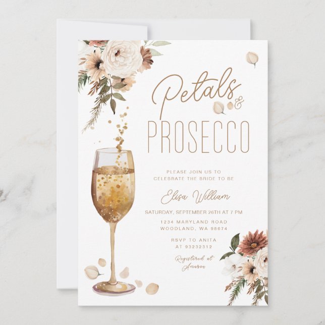 Boho Pampas Petals and Prosecco Bridal Shower  Invitation (Front)