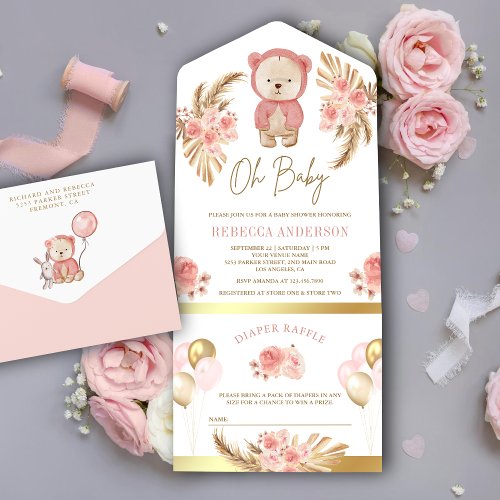 Boho Pampas Pink Floral Teddy Bear Baby Shower All In One Invitation