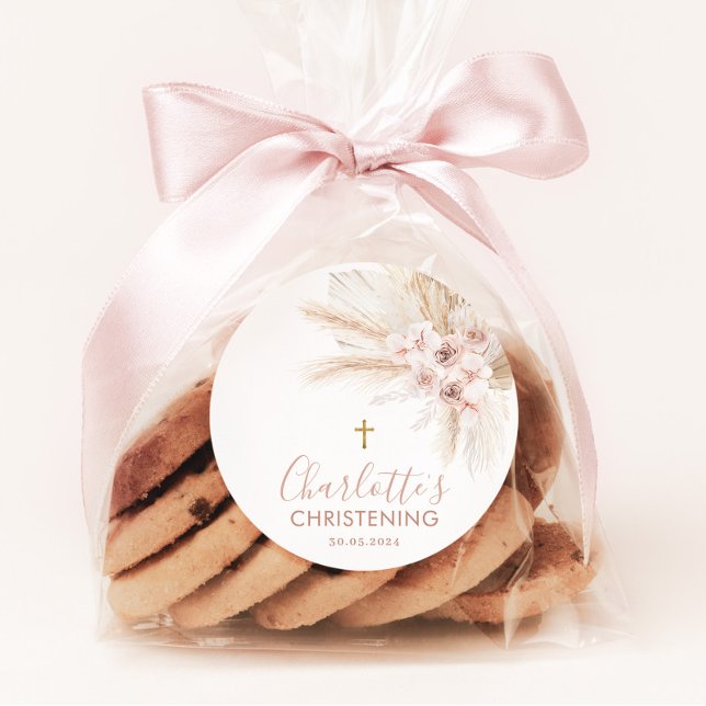 Boho Pampas Pink Girl Floral Baptism Christening   Classic Round Sticker (Creator Uploaded)