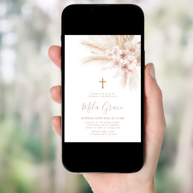 Boho Pampas Pink Girl Floral Baptism Christening   Invitation (Front Digital)