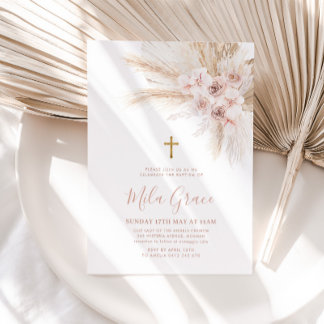 Boho Pampas Pink Girl Floral Baptism Christening   Invitation