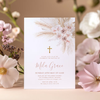 Boho Pampas Pink Girl Floral Baptism Christening   Invitation