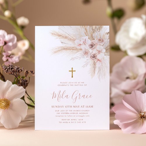 Boho Pampas Pink Girl Floral Baptism Christening  