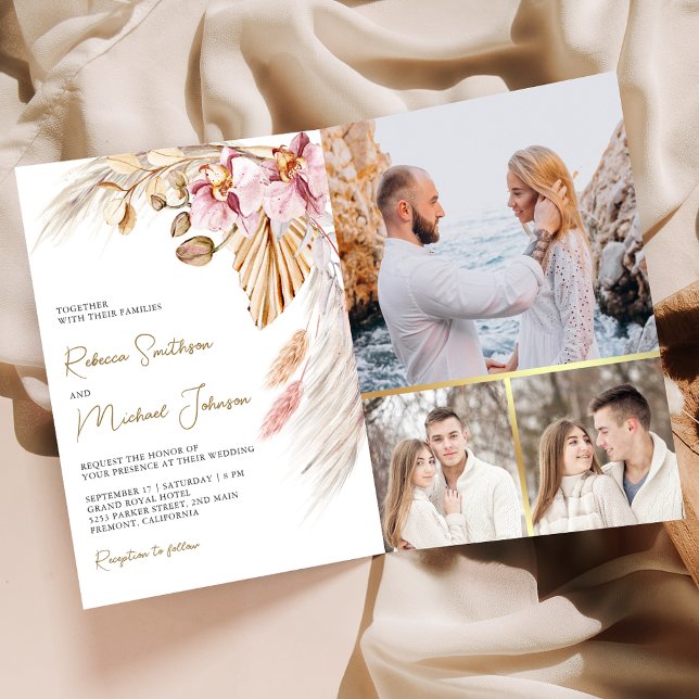 Boho Pampas Pink Orchid Floral QR Code Wedding Invitation (Creator Uploaded)