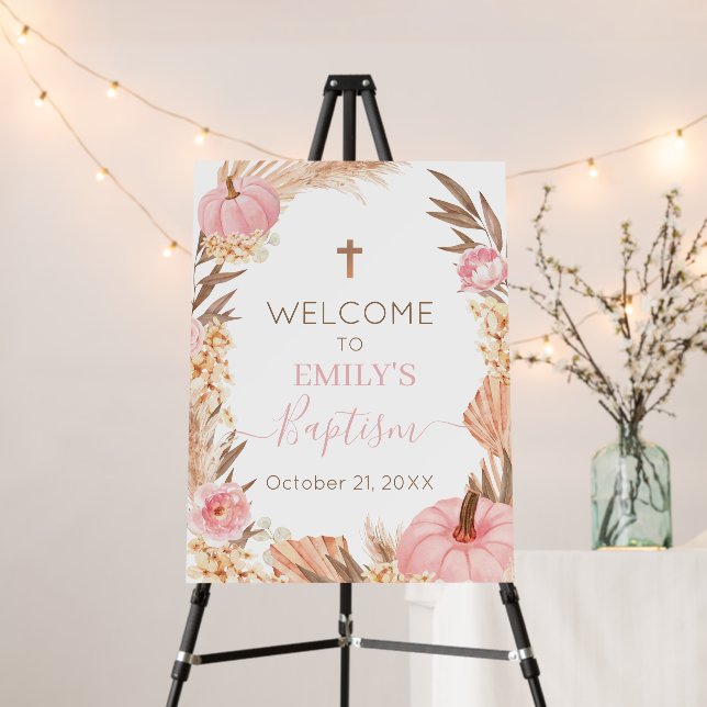 Boho Pampas Pink Pumpkin Welcome sign foam (In Situ (Stand))