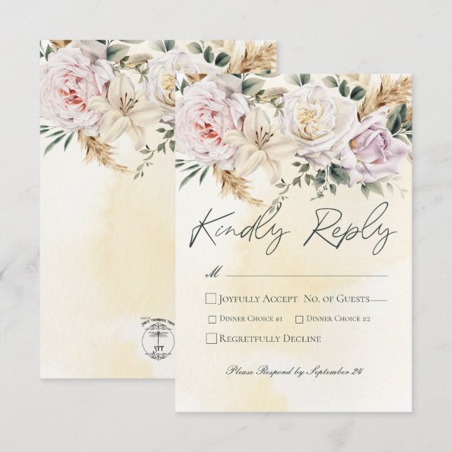 Boho Pampas & Pink Roses Cream Wedding RSVP Card (Front/Back)