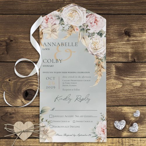 Boho Pampas  Pink Roses Green Dinner All In One Invitation