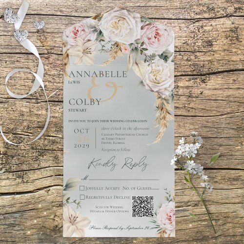 Boho Pampas  Pink Roses Green QR Code All In One Invitation