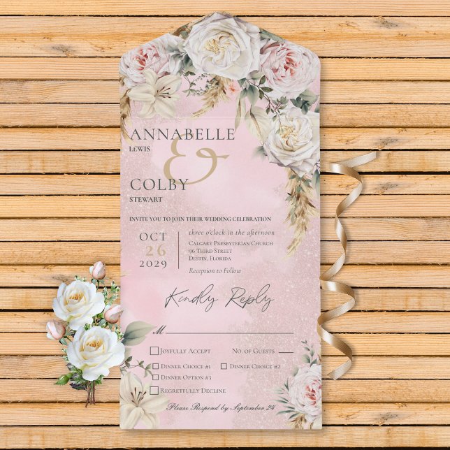 Boho Pampas & Pink Roses Pink 3 Dinner All In One Invitation (Boho Pampas & Pink Roses Pink 3 Dinner All In One Invitation)