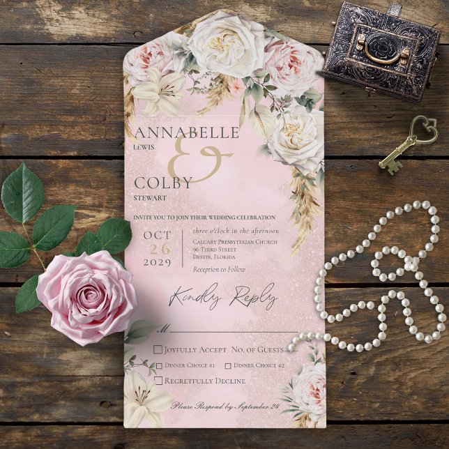 Boho Pampas & Pink Roses Pink Dinner All In One Invitation (Also available with a QR code or without dinner selection options.)