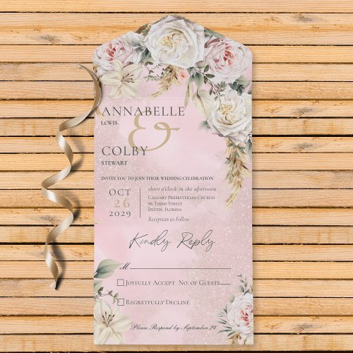 Boho Pampas  Pink Roses Pink No Dinner All In One Invitation