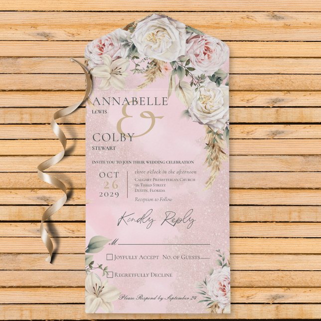 Boho Pampas & Pink Roses Pink No Dinner All In One Invitation (Also available with a QR code or with dinner selection options.)