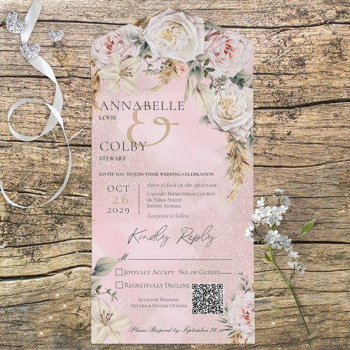 Boho Pampas  Pink Roses Pink QR Code All In One Invitation