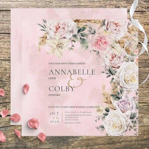 Boho Pampas  Pink Roses Square Wedding Invitation