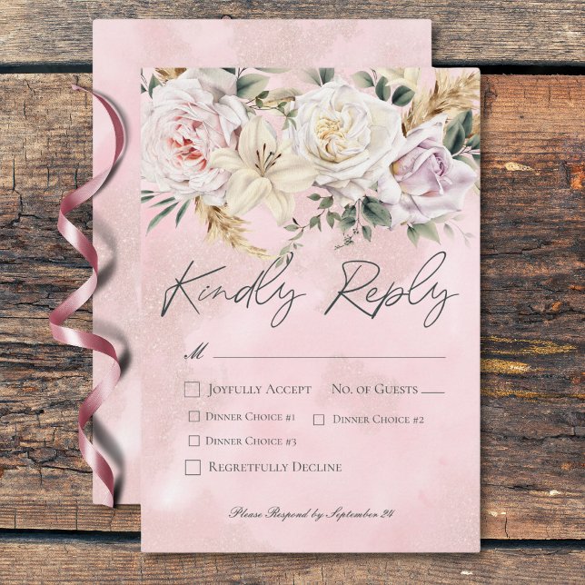 Boho Pampas & Pink Roses Wedding Dinner RSVP Card (Boho Pampas & Pink Roses Wedding Dinner RSVP Card)