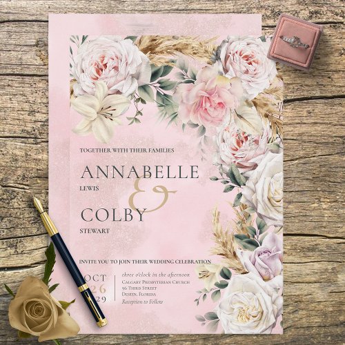 Boho Pampas  Pink Roses Wedding Invitation