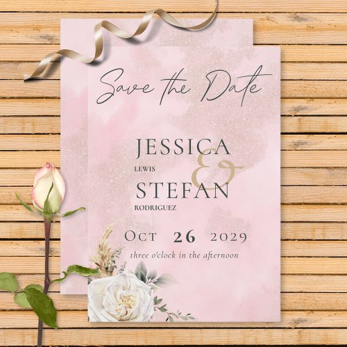Boho Pampas  Pink Roses Wedding Save The Date