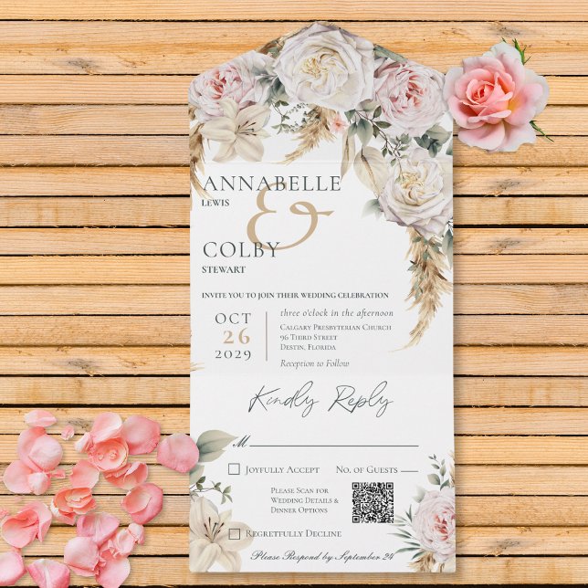 Boho Pampas & Pink Roses White QR Code All In One Invitation (Boho Pampas & Pink Roses White QR Code All In One Invitation)