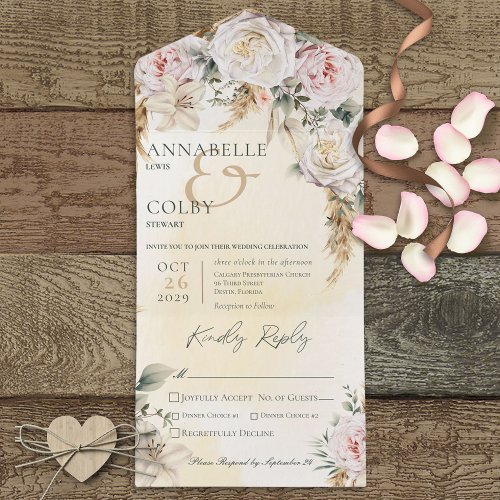 Boho Pampas  Pink Roses Yellow Dinner All In One Invitation