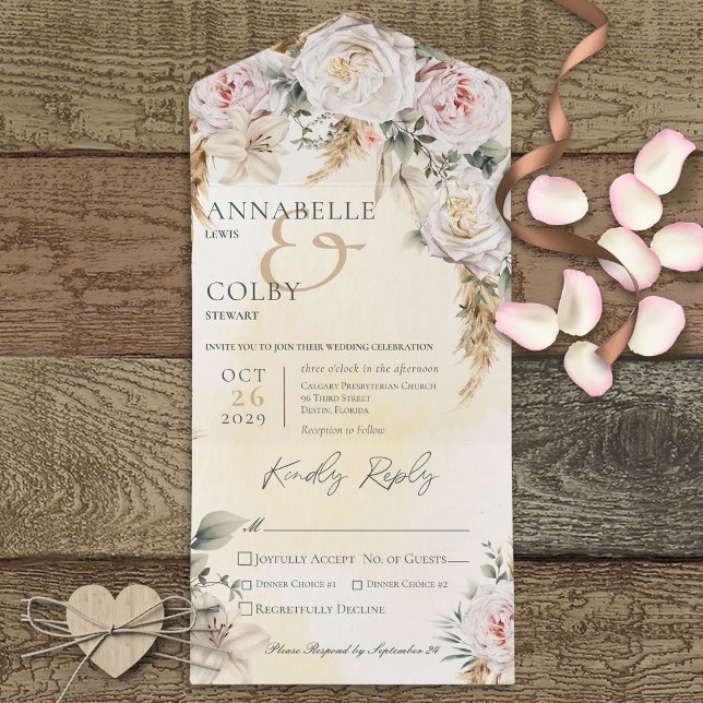 Boho Pampas & Pink Roses Yellow Dinner All In One Invitation (Creator Uploaded)