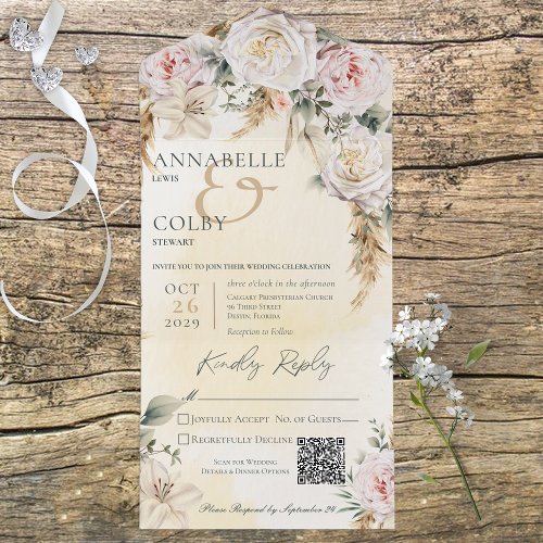 Boho Pampas  Pink Roses Yellow QR Code All In One Invitation