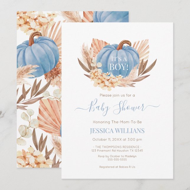 Boho Pampas Pumpkin blue baby shower Invitation (Front/Back)