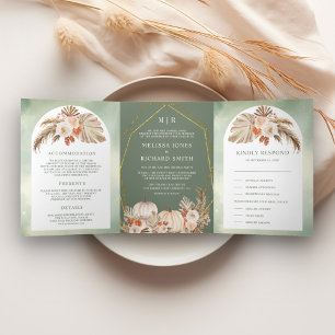 Boho Pampas Pumpkin Floral Sage Green Fall Wedding Tri-Fold Invitation