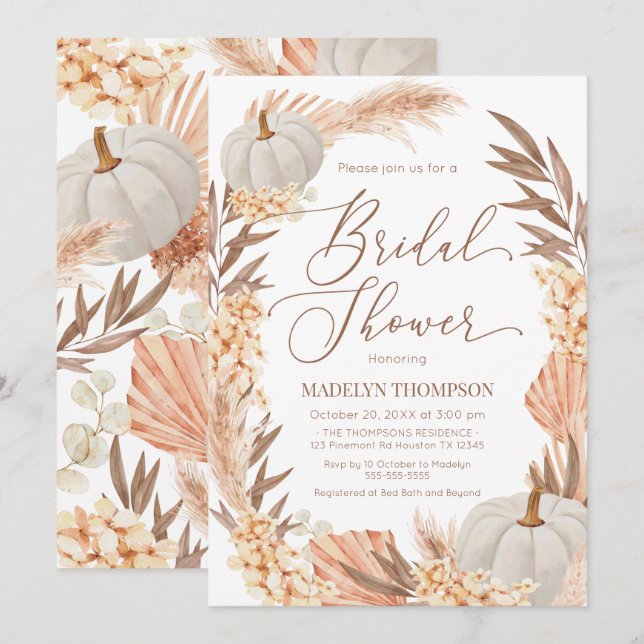 Boho Pampas Pumpkin White Bridal Shower Invitation (Front/Back)