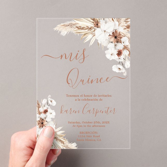Boho Pampas Quinceanera acrylic Invitations (Insitu (Handheld))