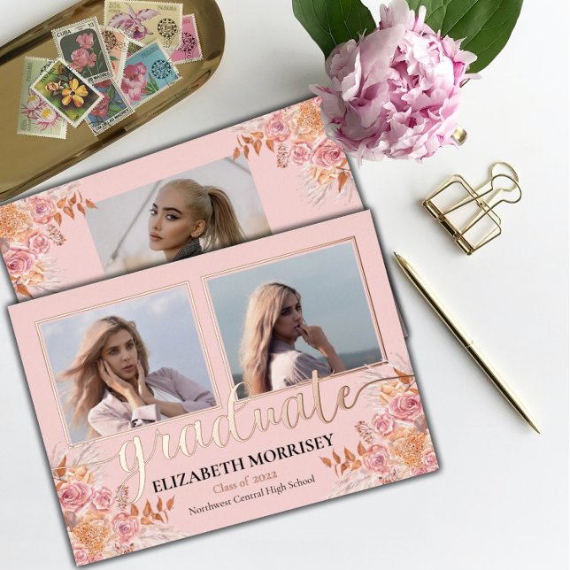 Boho Pampas Rose 3 Photo Graduate Graduation Pink Foil Invitation (Creator Uploaded)