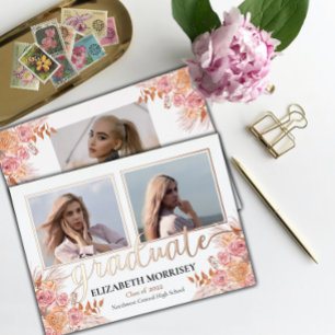 Boho Pampas Rose 3 Photo Graduate Graduation White Foil Invitation