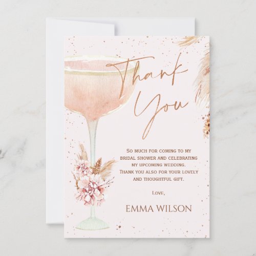 Boho Pampas Rose Gold Bridal Shower Thank You Card