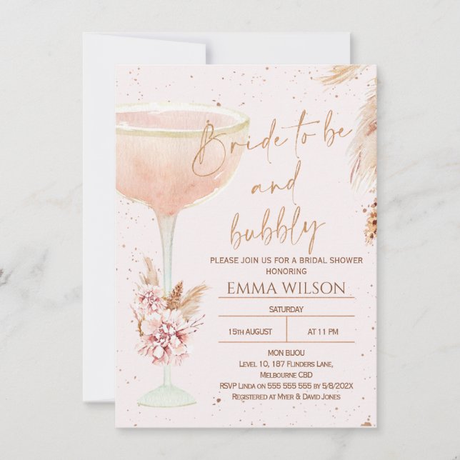 Boho Pampas Rose Gold Bride To Be Bridal Shower Invitation (Front)