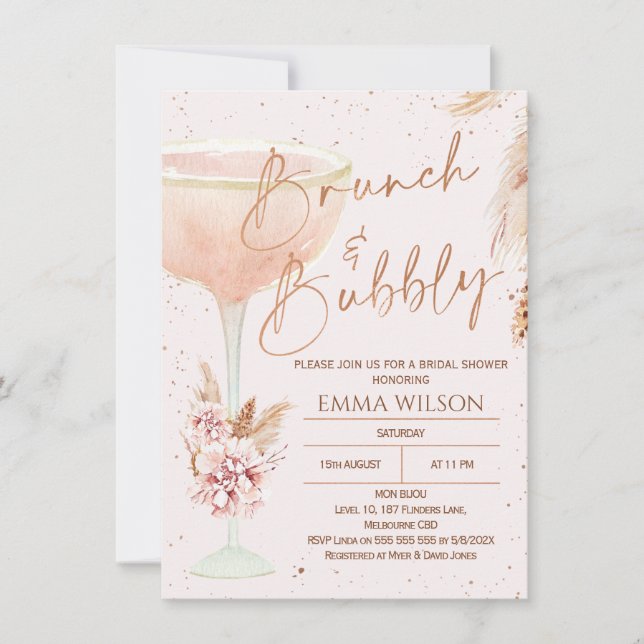 Boho Pampas Rose Gold Brunch Bubbly Bridal Shower Invitation (Front)