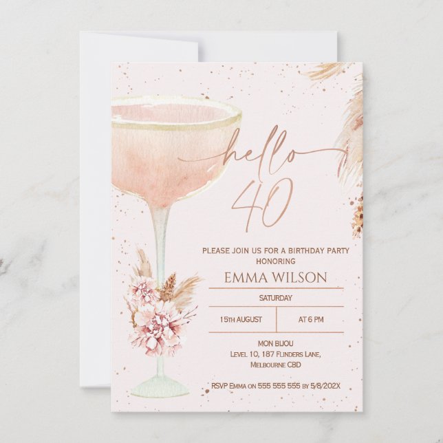 Boho Pampas Rose Gold Hello 40 Birthday Invitation (Front)