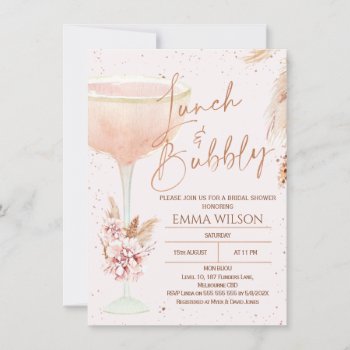 Boho Pampas Rose Gold Lunch Bubbly Bridal Shower Invitation by figtreedesign at Zazzle