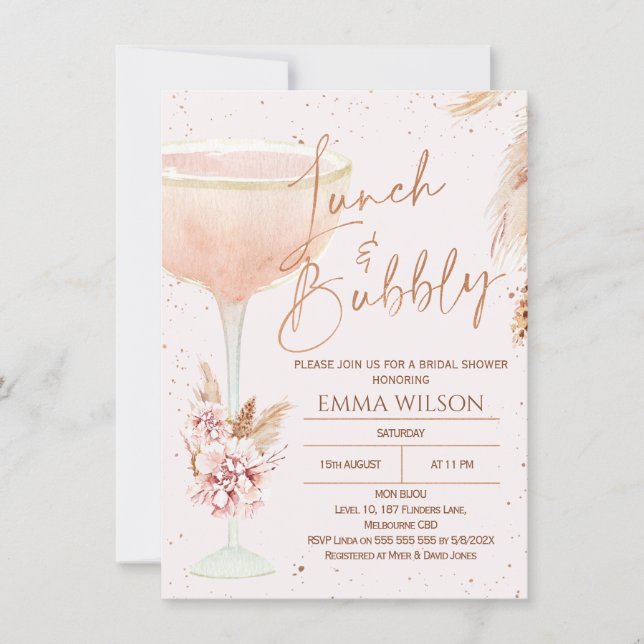 Boho Pampas Rose Gold Lunch Bubbly Bridal Shower Invitation (Front)