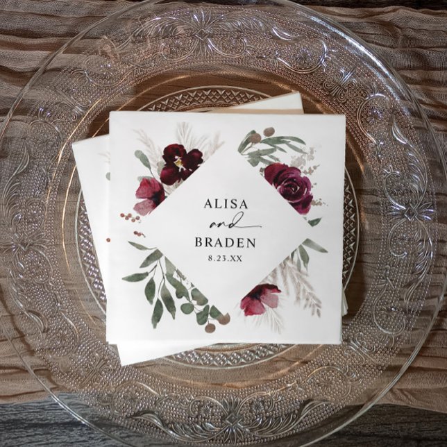 Boho Pampas Roses Watercolor Wedding Napkins (Boho burgundy & pampas grass watercolor wedding napkins.)