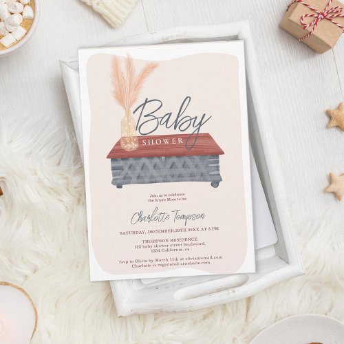 Boho pampas rustic baby shower invitation