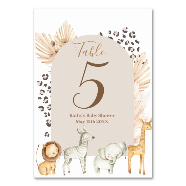 Boho Pampas Safari Animals Modern Table Number (Front)